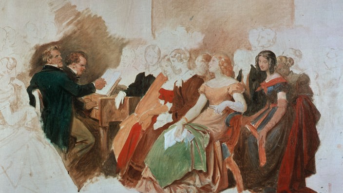 Eine Ölskizze zeigt den Komponisten Schubert und den Sänger Michael Vogl am Klavier. Umringt werden sie von Damen in edler Gaderobe.